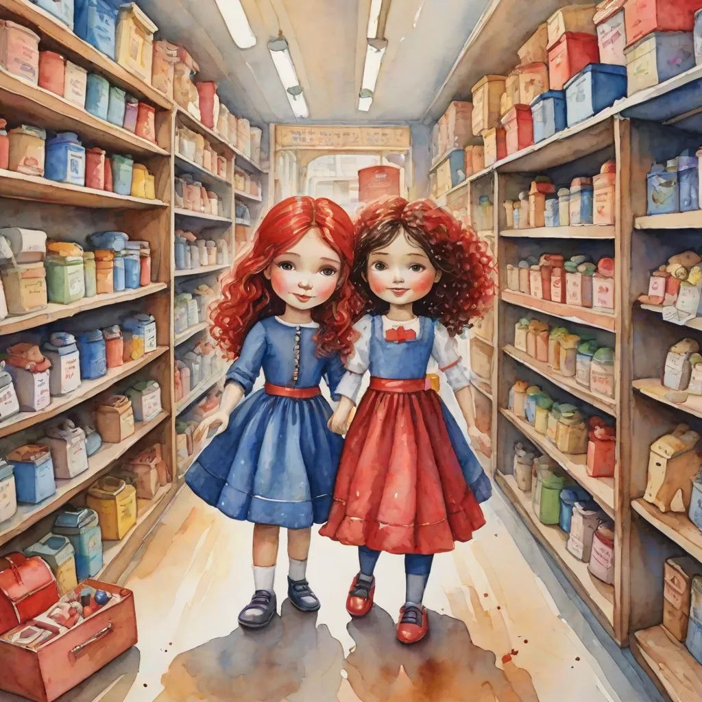 two girls are standing in a store aisle with boxes and boxes on the shelves and a suitcase on the floor, a storybook illustration, Caroline Lucy Scott, figurative art, in gouache detailed paintings