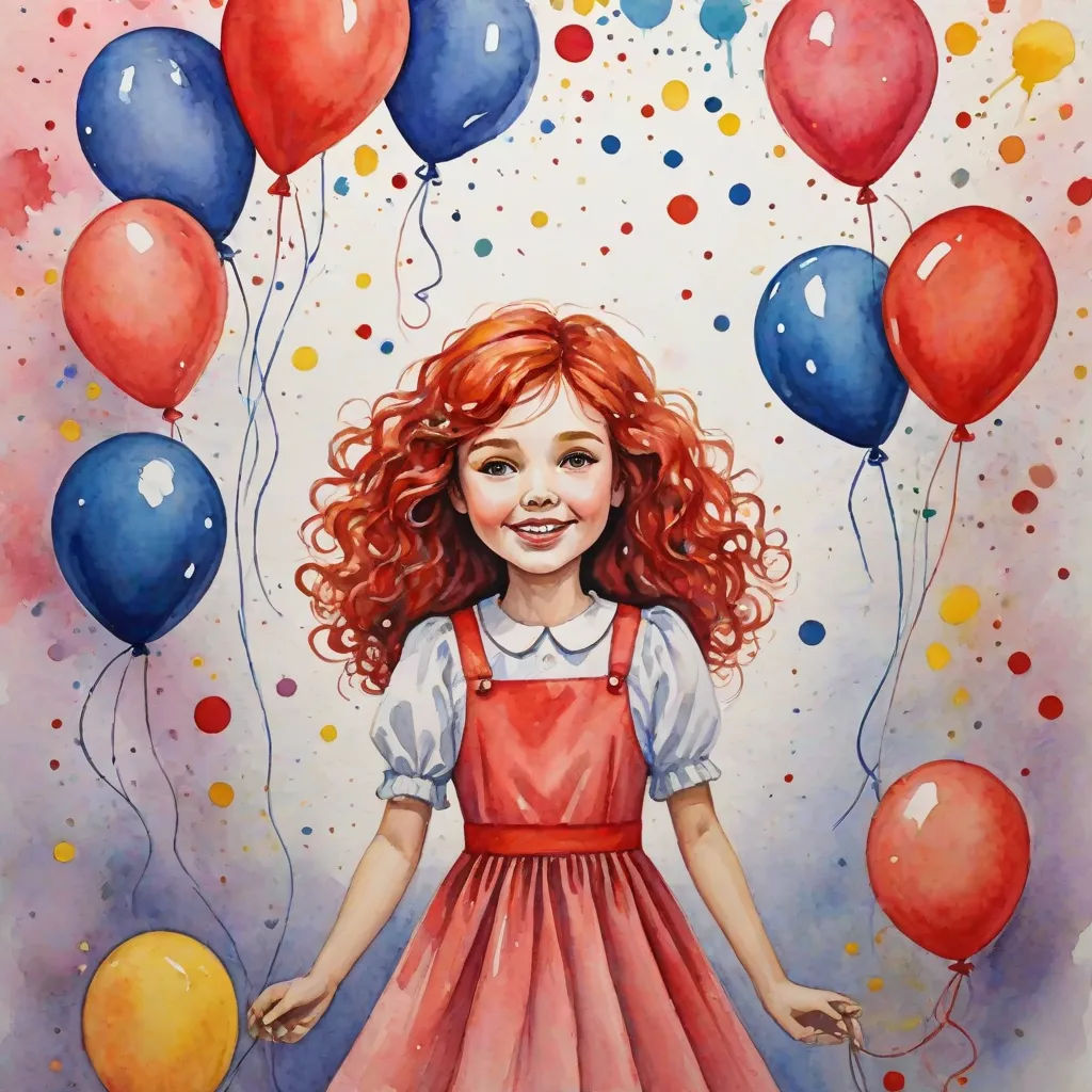 a painting of a girl with red hair and balloons in the air, with a red dress and white shirt, a watercolor painting, Esao Andrews, figurative art, trending on art station