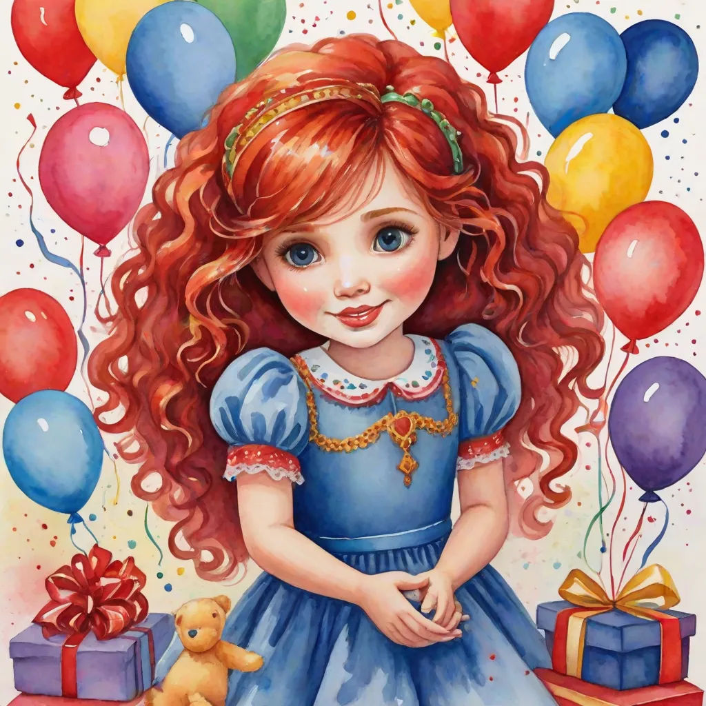 a painting of a girl with red hair and blue dress holding a teddy bear and balloons in the background, a storybook illustration, Arthur Hughes, pop surrealism, highly detailed oil painting