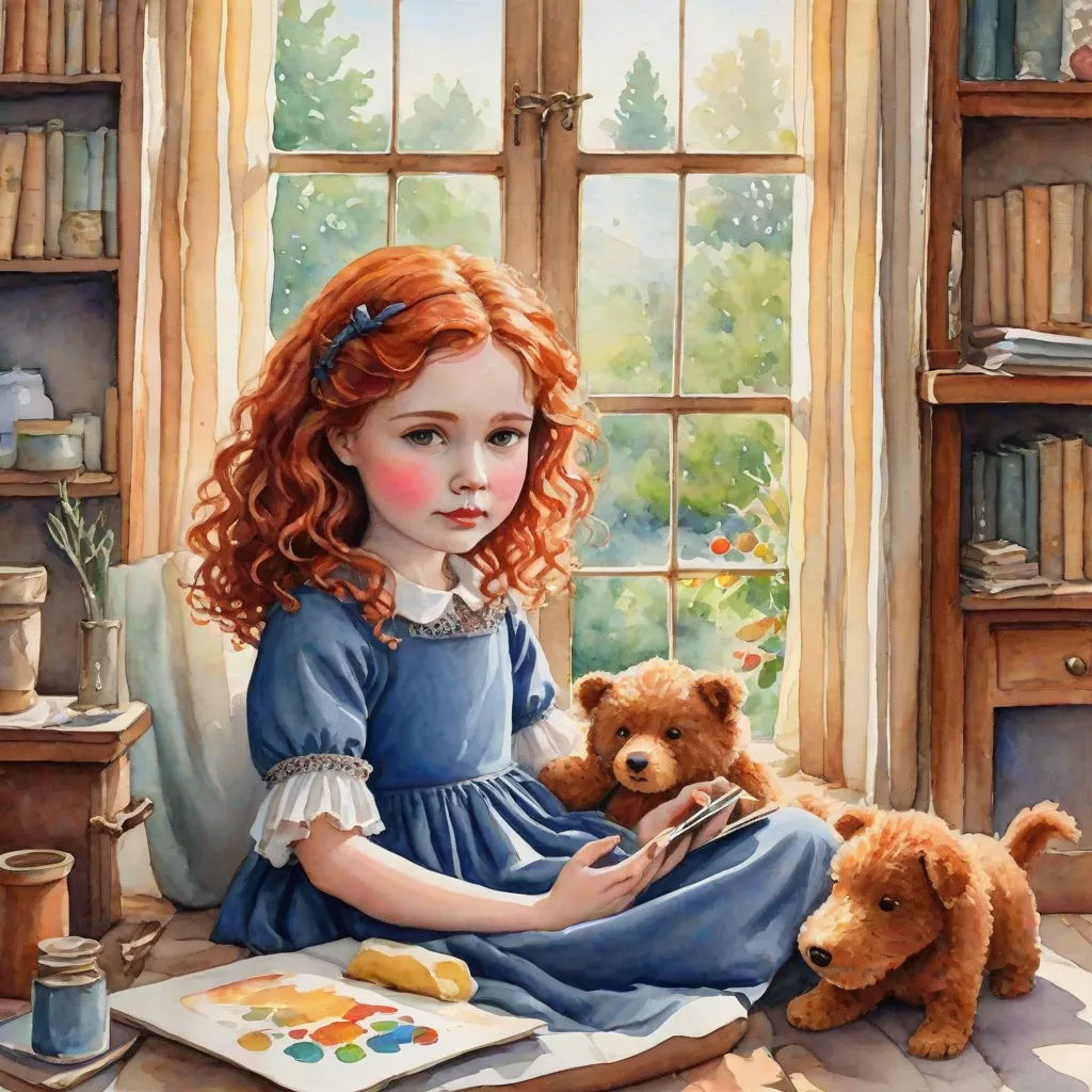 a painting of a girl sitting on a chair with a teddy bear and a book in front of her, a storybook illustration, Arthur Hughes, figurative art, storybook illustration