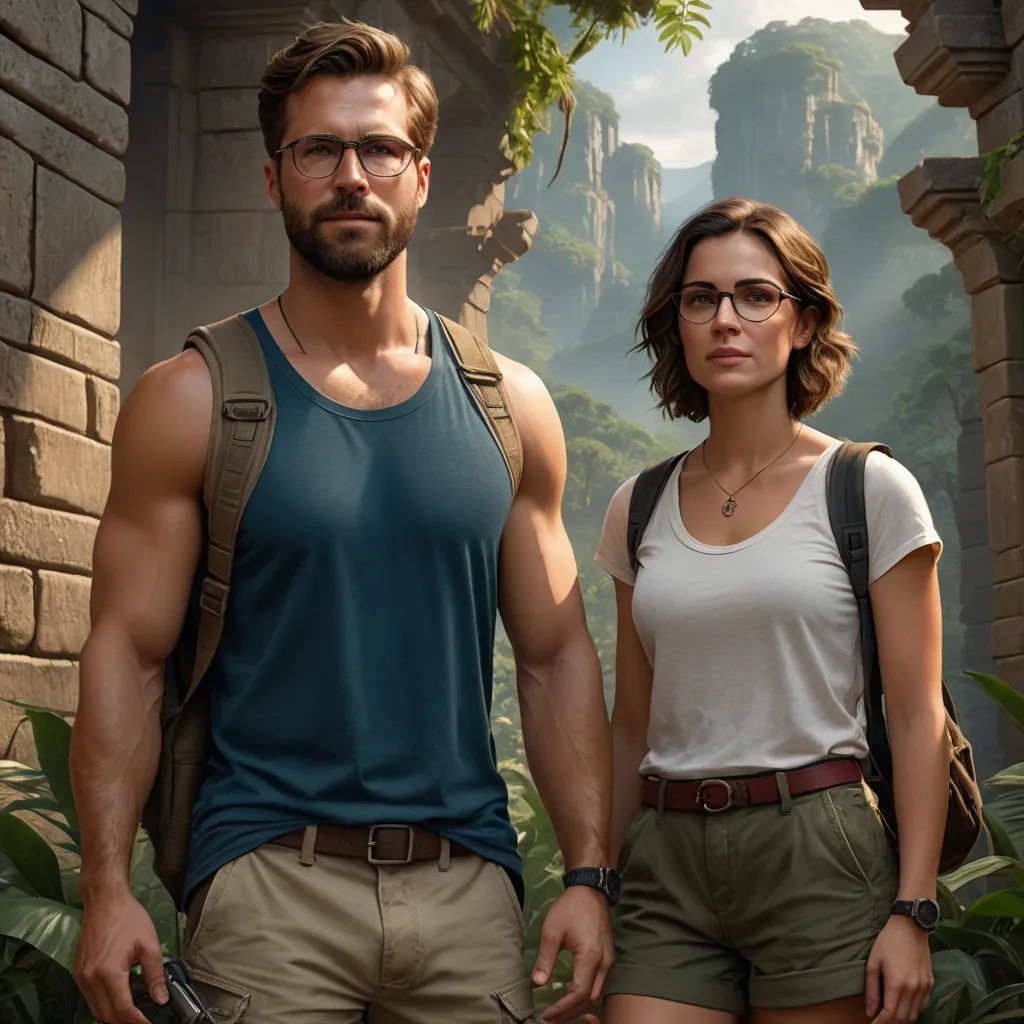 a man and a woman standing in front of a jungle background with a mountain in the background and a jungle in the foreground, photorealism, concept art, Adam Rex, promotional image