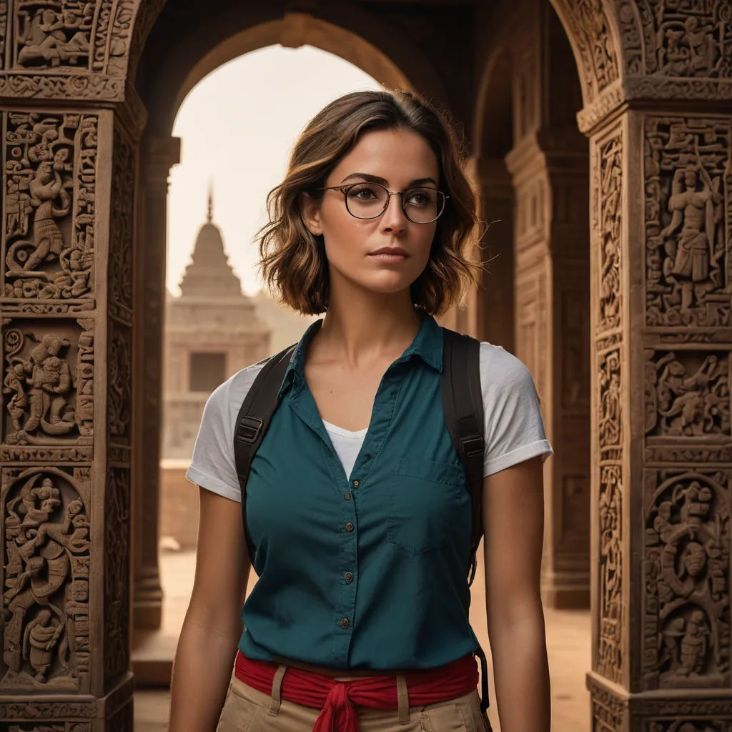 a woman with glasses and a backpack standing in a doorway with a building in the background and a red ribbon around her waist, cloisonnism, a character portrait, Daphne Fedarb, promotional image