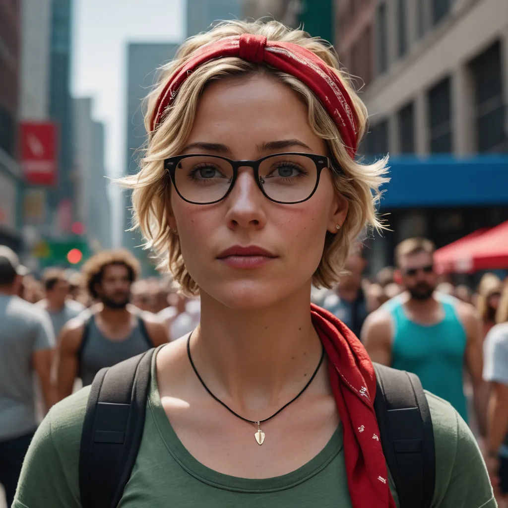 a woman with glasses and a red bandana on her head in a crowded city street with people walking around, maximalism, a character portrait, Alison Geissler, glasses