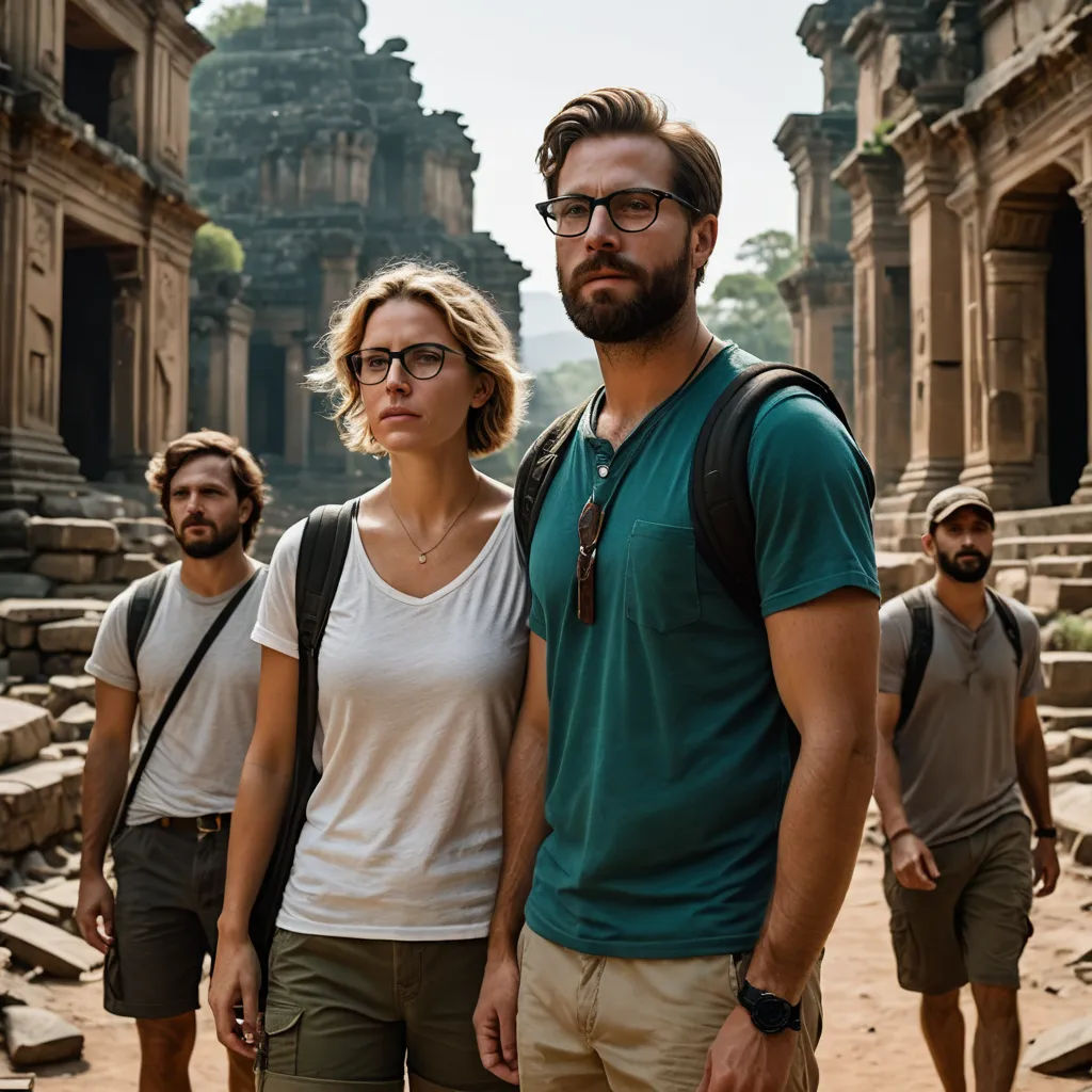 a man and woman standing in front of a building with ruins in the background and a man with a backpack on his shoulder, sumatraism, a stock photo, Chris Spollen, promotional image