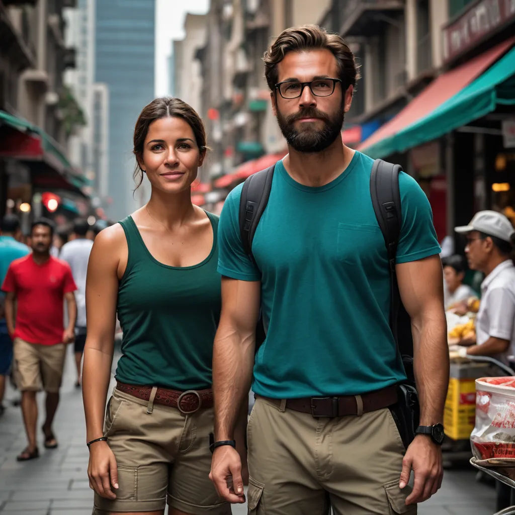 a man and a woman walking down a street together in a city with people walking by them and a man with a backpack on his shoulder, sumatraism, a stock photo, Christian Hilfgott Brand, promotional image