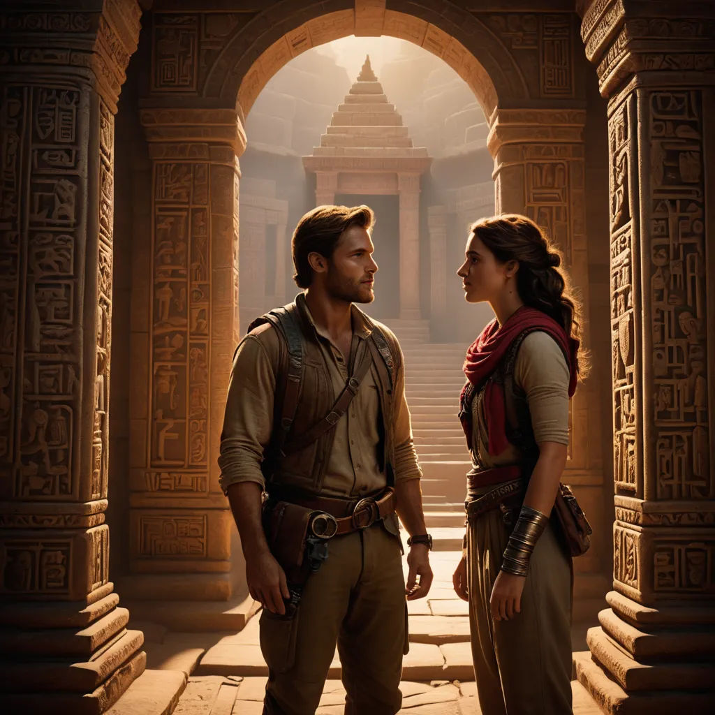 a man and a woman standing in a doorway with a light shining on them and a building in the background, samikshavad, a poster, Edward George Handel Lucas, promotional image