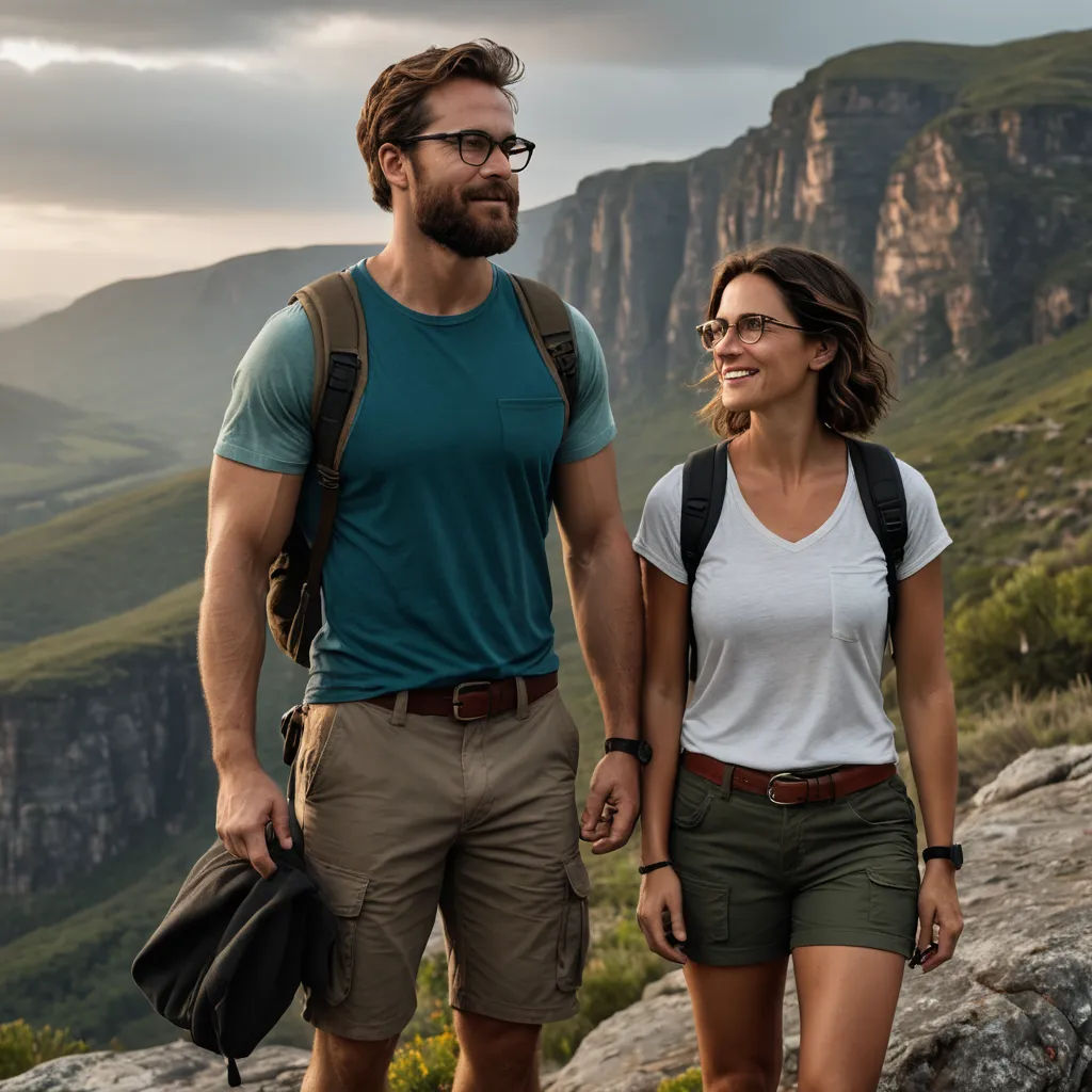 a man and a woman walking on a mountain trail together, with a view of the mountains behind them, incoherents, a stock photo, Breyten Breytenbach, promotional image