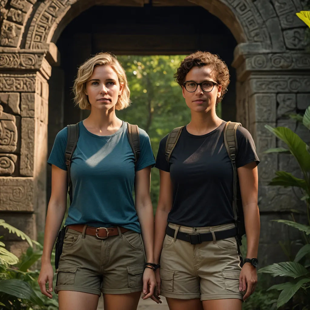 two women standing in front of a stone arch with a doorway in the background and plants in the foreground, sumatraism, a poster, Ada Gladys Killins, promotional image