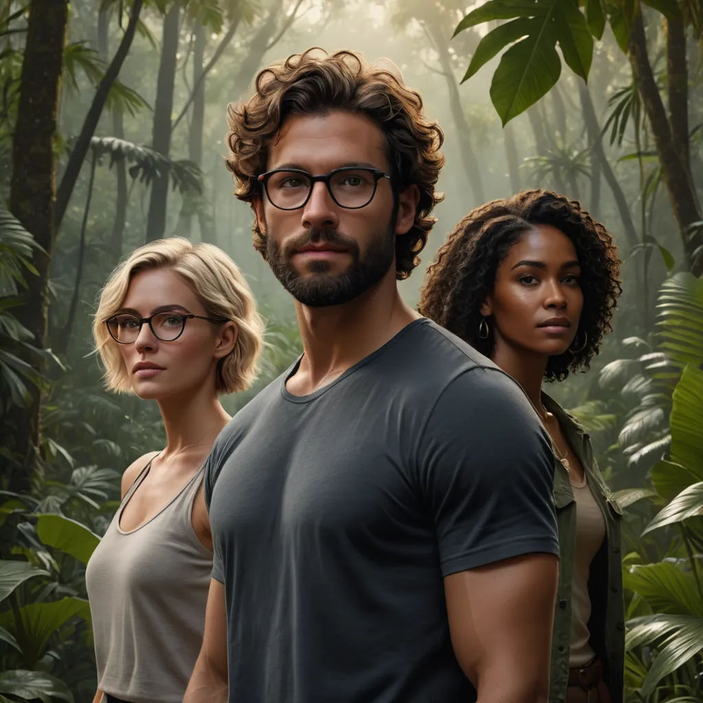 a man and two women standing in the jungle with trees in the background and sunlight streaming through the trees, sumatraism, a poster, Altichiero, promotional image