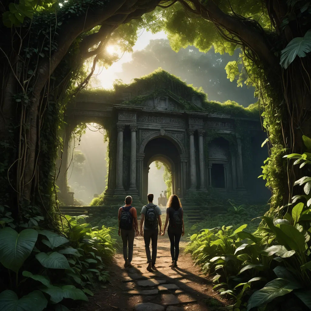 a group of people walking down a path through a forest with a arch in the background and a sunbeam, fantasy art, a detailed matte painting, Chris LaBrooy, rossdraws global illumination