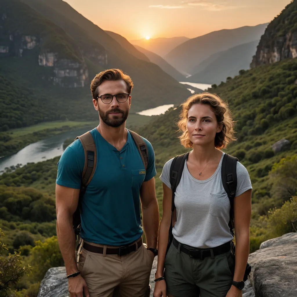 a man and a woman standing on a mountain top at sunset with a view of a valley and a river, international gothic, a stock photo, Avgust Černigoj, promotional image