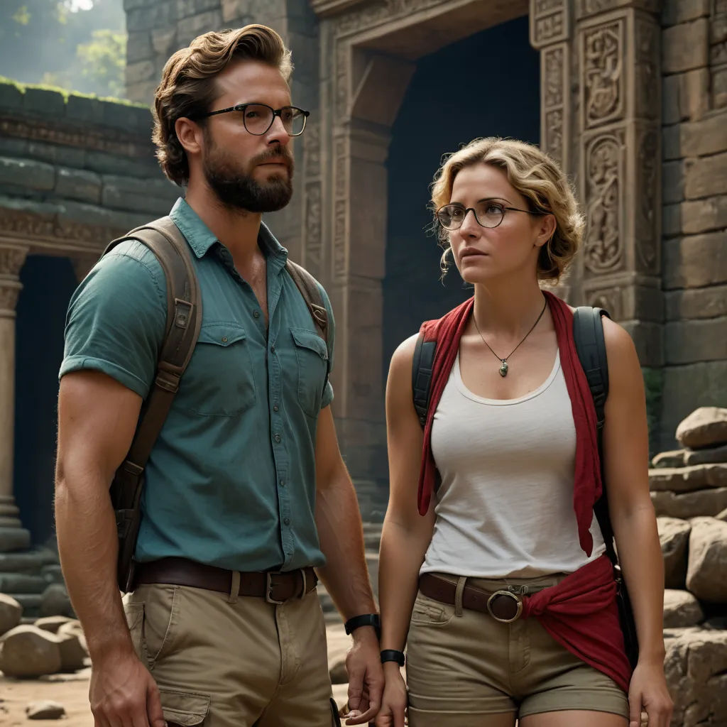 a man and a woman standing next to each other in front of a building with a stone wall and doorway, samikshavad, a poster, Clark Voorhees, promotional image