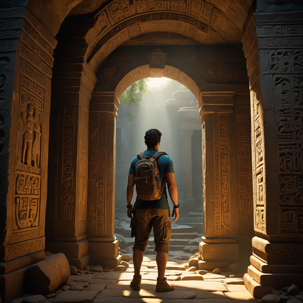 a man standing in a doorway with a backpack on his back and a light shining through the doorway to the other side, photorealism, computer graphics, Cedric Seaut (Keos Masons), unreal 5