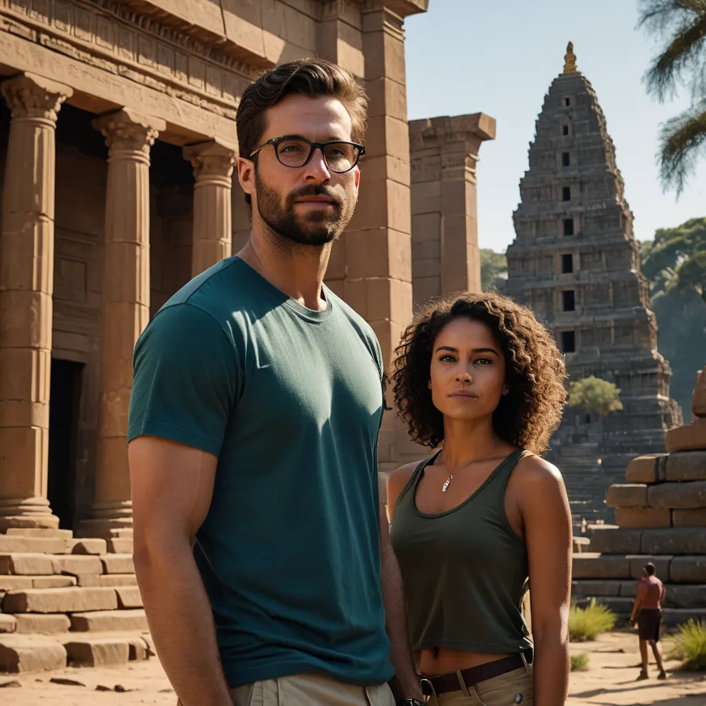 a man and a woman standing in front of a building with columns and a clock tower in the background, international gothic, a bronze sculpture, Christian Hilfgott Brand, promotional image