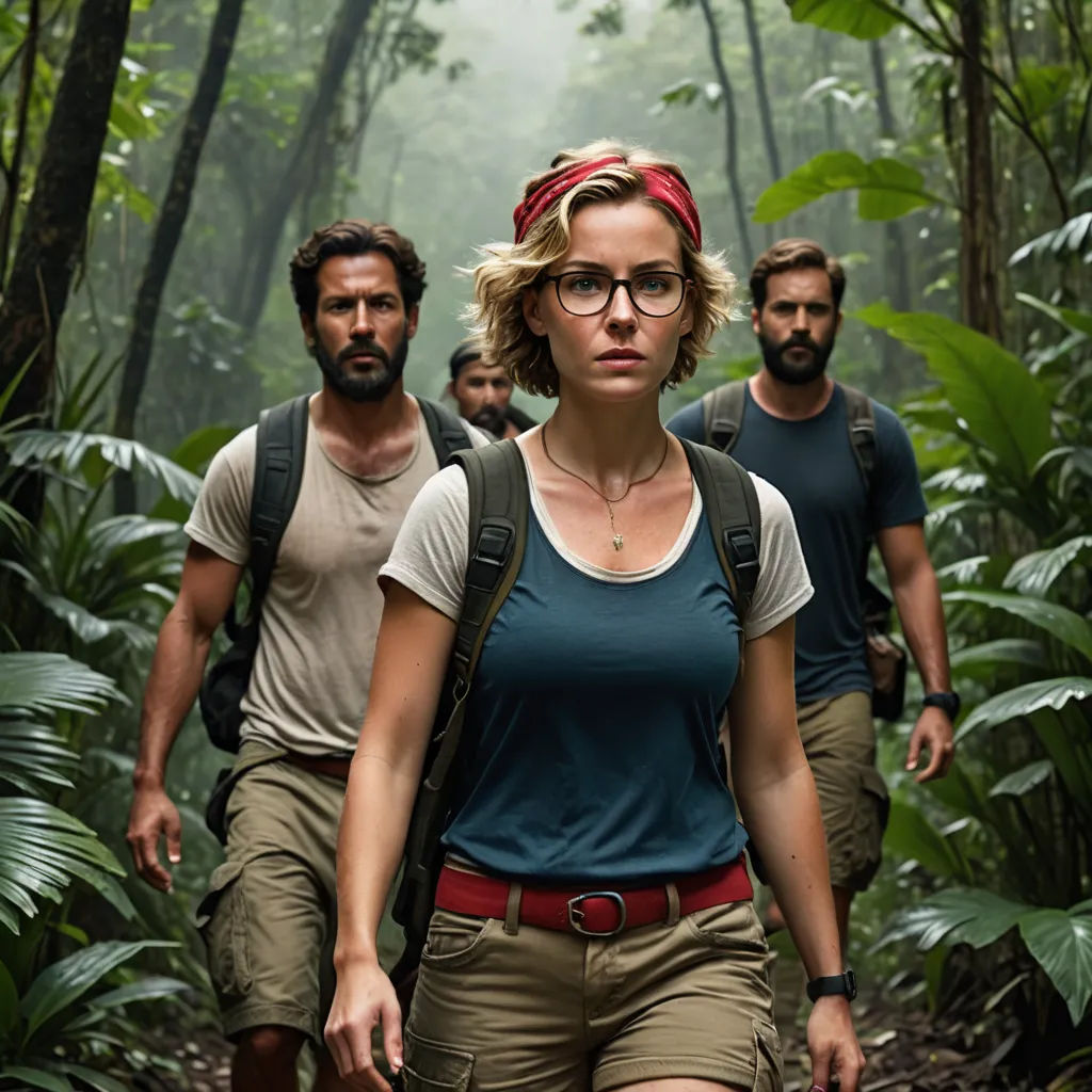 a group of people walking through a jungle in the rain with backpacks on their backs and a man in the background, sumatraism, a poster, Daphne Fedarb, promotional image