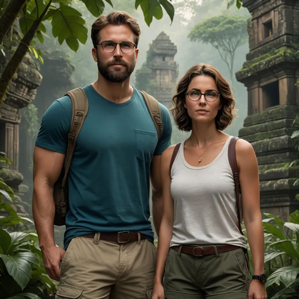 a man and a woman standing in front of a jungle scene with a temple in the background and trees, sumatraism, a poster, Daphne Fedarb, promotional image