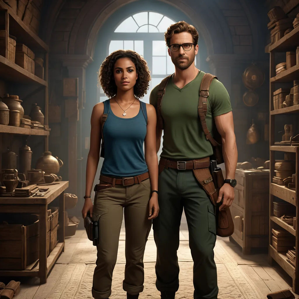 a man and a woman standing in a room with shelves and a window in the background, with a man holding a gun, international gothic, poster art, Chris LaBrooy, promotional image