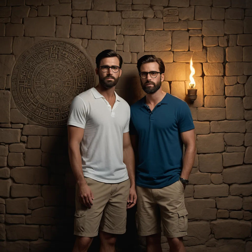 two men standing next to each other in front of a stone wall with a candle on it and a sundial on the wall, serial art, a bronze sculpture, Christian Hilfgott Brand, promotional image