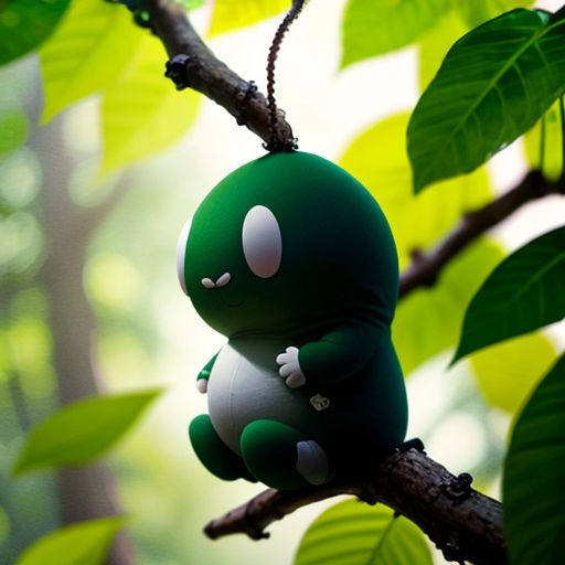 a green stuffed animal sitting on a tree branch in a forest with green leaves and a green background with a white dot