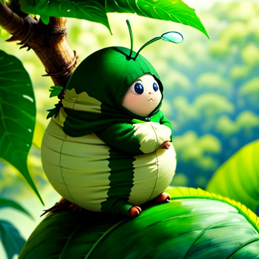 a small green bug sitting on top of a leafy green plant with a blue eye and a green hat