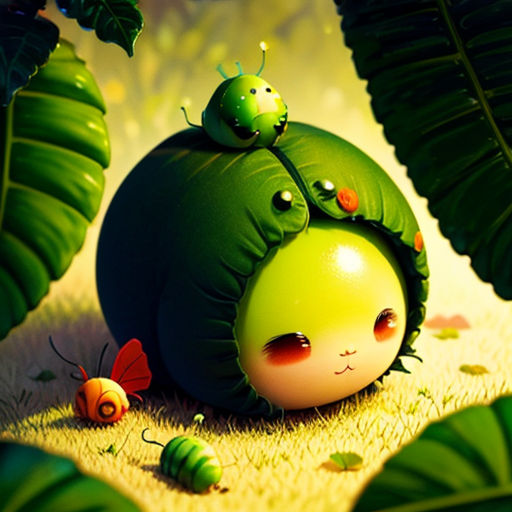 a green bug with a face and eyes sitting on top of a green ball in the grass with other bugs around