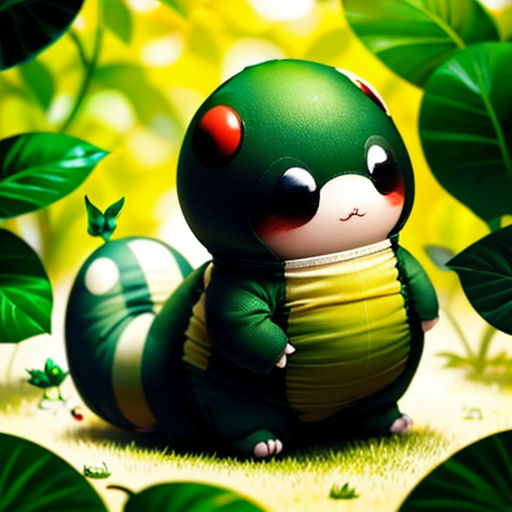 a small toy sitting on top of a lush green field of leaves and plants, with a red eye