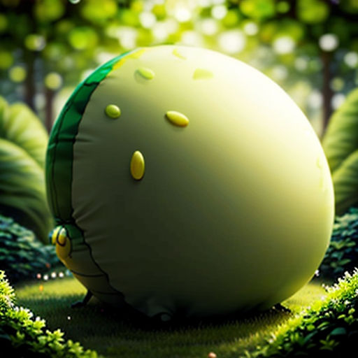 a large green egg sitting in the middle of a forest with trees and grass on it's sides