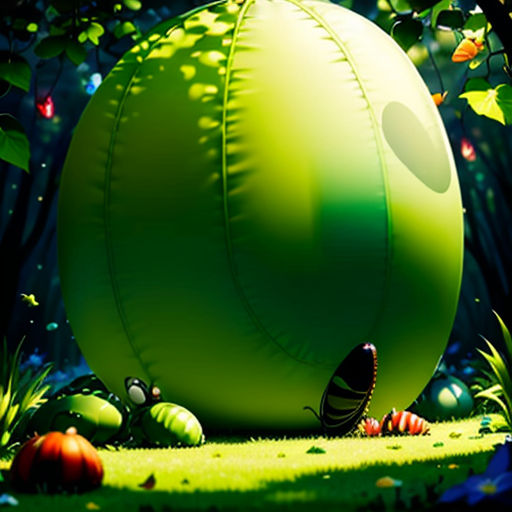 a green ball in the middle of a forest with bugs around it and a butterfly on the ground below