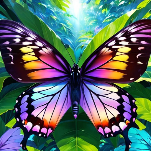 a butterfly with a colorful wings is sitting on a leafy plant with a bright light shining through the wings