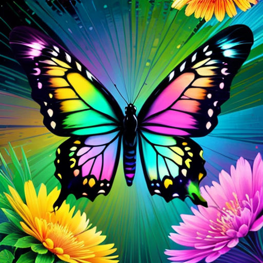 a colorful butterfly with flowers in the background and a rainbow background with a butterfly on it's wings