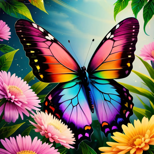 a butterfly flying over a field of flowers and daisies with a blue sky in the background photo by a photographer