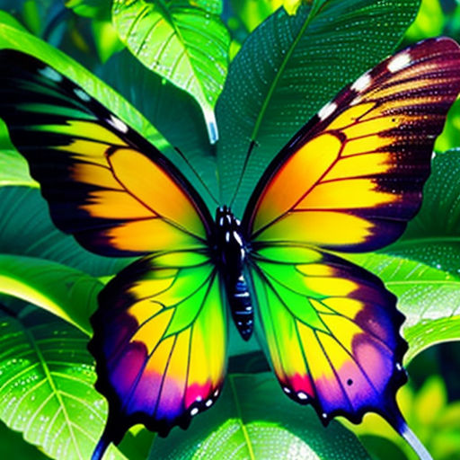 a colorful butterfly sitting on top of a green leafy plant with leaves around it and a blue sky in the background