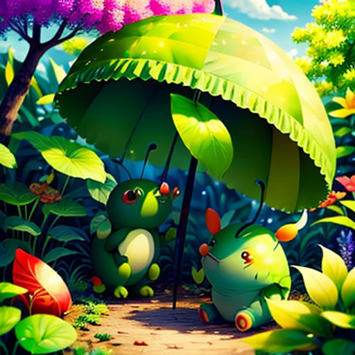 a cartoon scene with a green umbrella and some little animals in the grass and flowers on the ground and a blue sky
