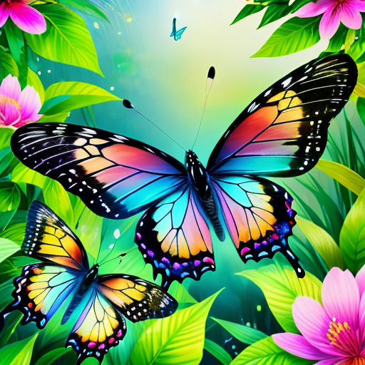 a painting of three butterflies flying over flowers and leaves in a green, pink, and blue sky background