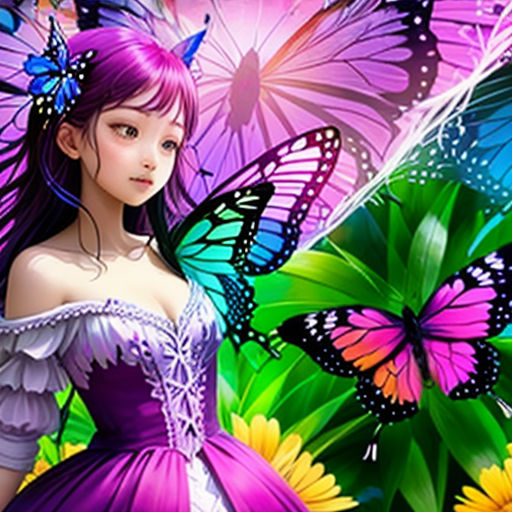 a girl in a purple dress with butterflies on her wings and a butterfly in her hand, standing in a field of flowers