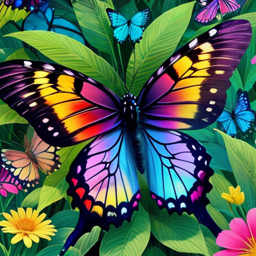a painting of a butterfly and flowers in a field of flowers and leaves with a green background and a blue sky