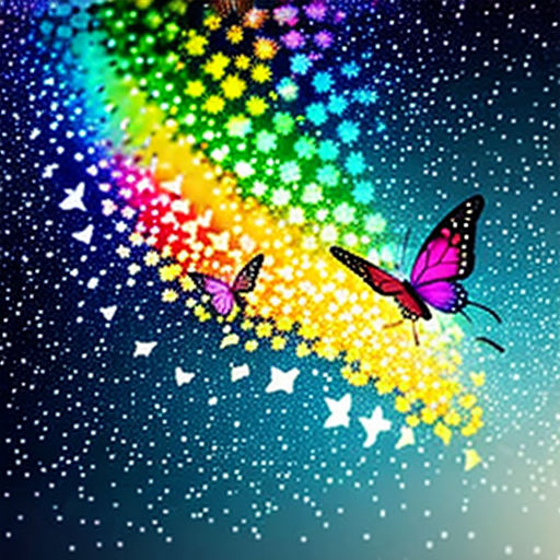 a rainbow colored butterfly flying through the sky with stars on it's back ground and a rainbow colored background