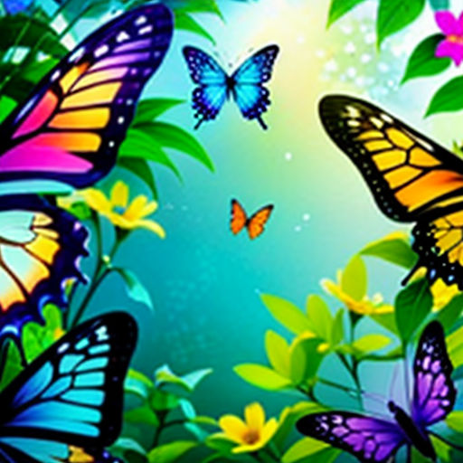 a group of butterflies flying over a lush green field of flowers and leaves with a bright blue sky in the background