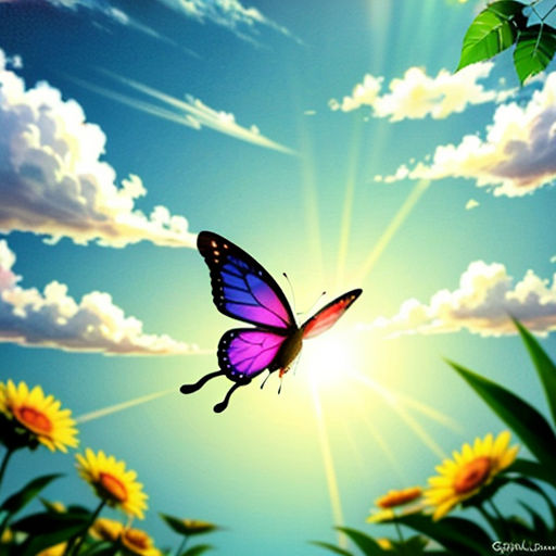 a butterfly flying over a field of sunflowers under a blue sky with clouds and sunbeams
