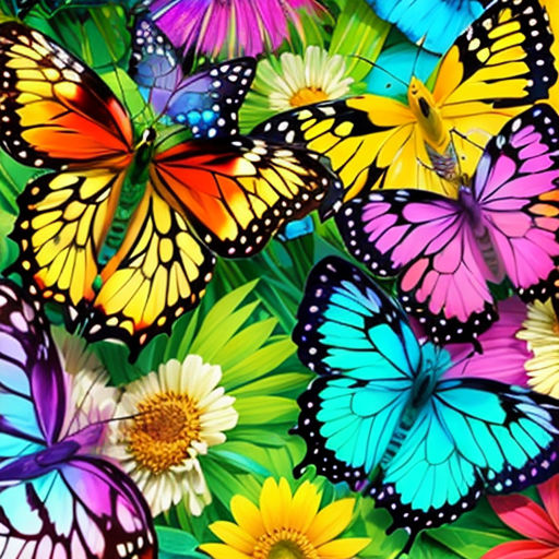 a bunch of colorful butterflies flying through the air with a sky background of flowers and butterflies in the background