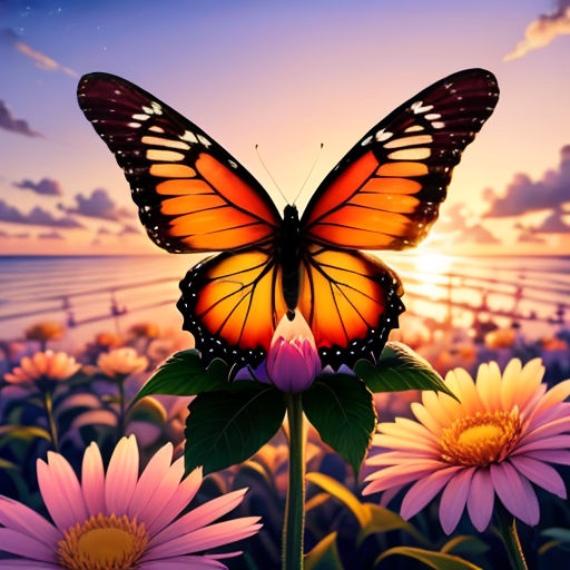 a butterfly sitting on a flower in a field of flowers with the sun setting in the background and a body of water in the distance