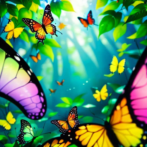a group of butterflies flying through a forest filled with leaves and flowers, with a bright sun shining through the leaves