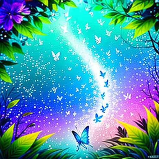 a painting of a butterfly and flowers in the sky with stars and clouds above it, and a blue sky with stars and a purple and green background
