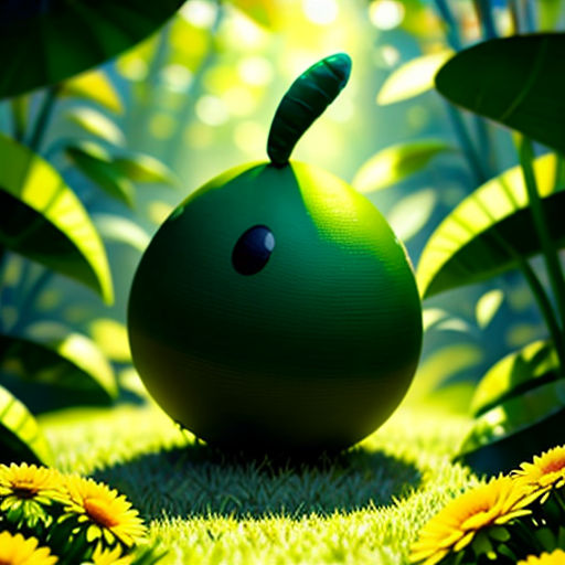 a green ball sitting in the middle of a field of flowers and plants with a worm sticking out of it