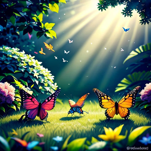 a painting of three butterflies flying in the air over a lush green field with flowers and trees in the background