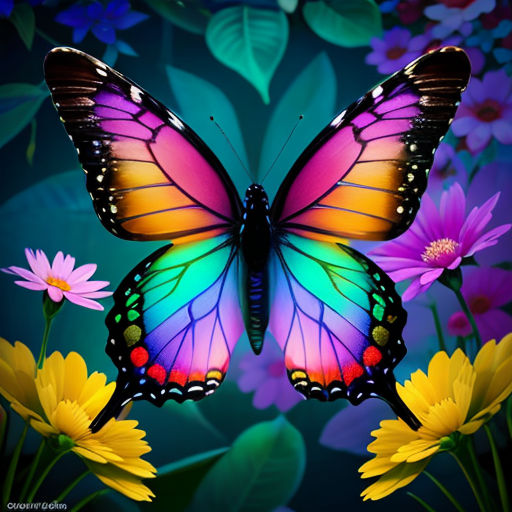 a colorful butterfly with a blue background and yellow flowers in the foreground, with a green leafy border