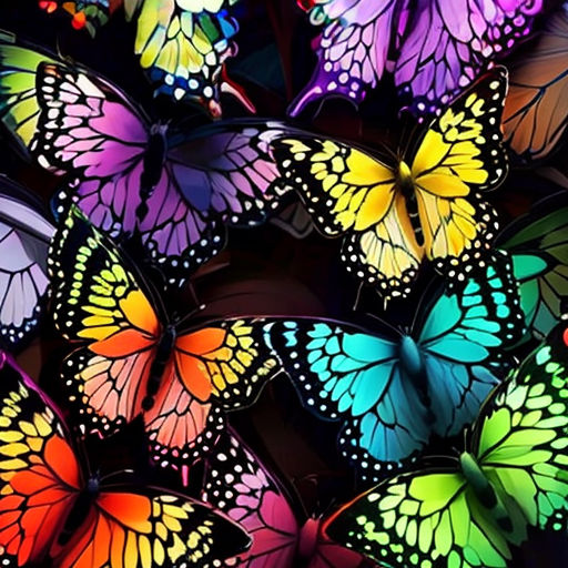 a group of colorful butterflies flying through the air together, with a black background and a white border around the image