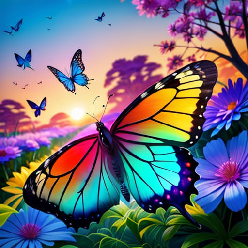 a colorful butterfly flying over a field of flowers and daisies at sunset with a butterfly flying over the flowers