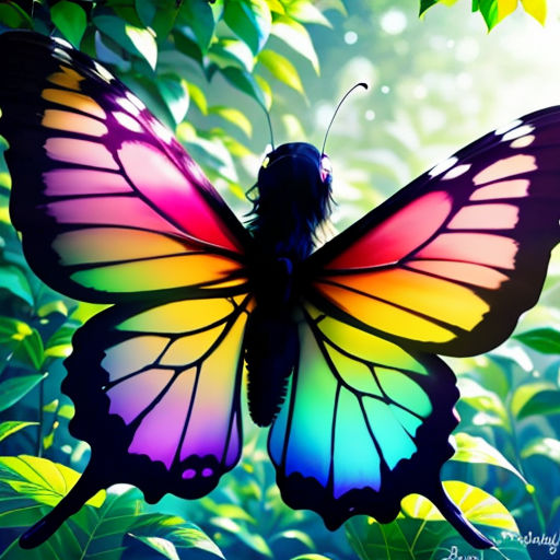 a colorful butterfly sitting on top of a leaf covered forest floor next to a tree branch with leaves surrounding it