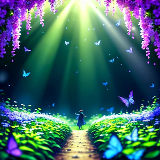 a person standing on a path surrounded by purple flowers and butterflies, with a bright light coming from the top of the picture